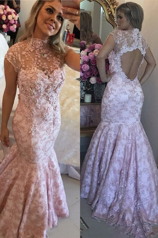 Pink Lace High-Neck Evening Dresses  | Cap-Sleeves Beaded Open-Back Prom Dresses
