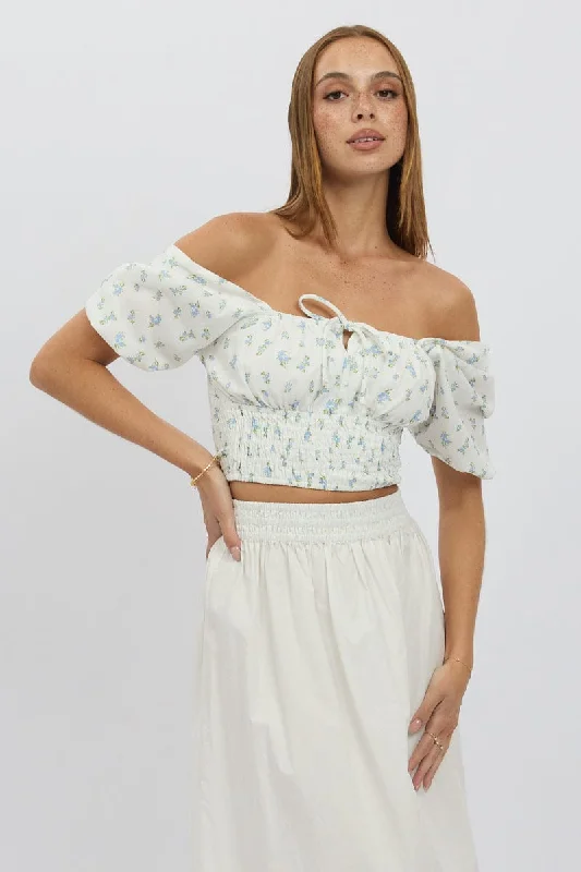 Blue Ditsy Crop Top Short Sleeve Shirred Waist Beaded Sequined Faux Fur