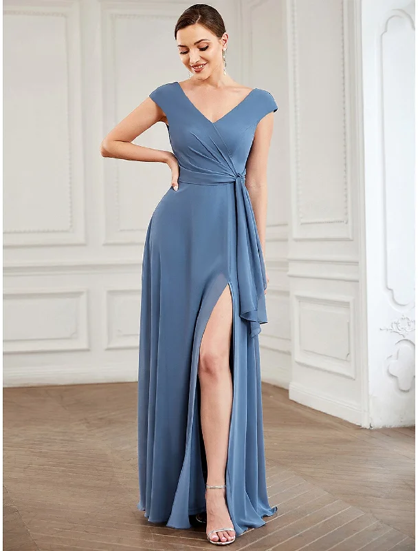 A-Line Party Dresses Vintage Dress Wedding Guest Floor Length Short Sleeve V Neck Chiffon with Slit Tunics Versatile stylish A-Line Party Dresses Vintage Dress Wedding Guest Floor Length Short Sleeve V Neck Chiffon with Slit Tunics Versatile stylish