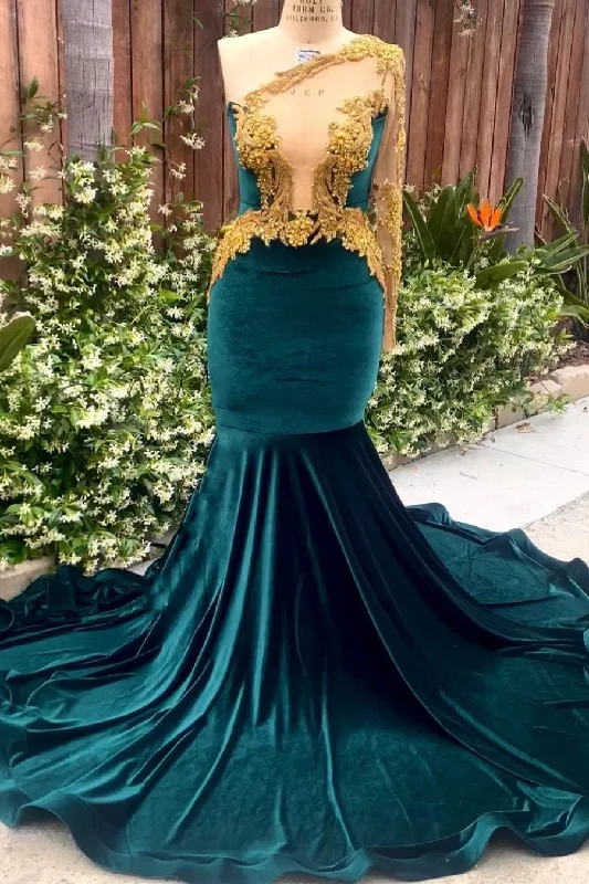 Dark Green Velvet One shoulder Mermaid Prom Party Dresses with Gold Appliques Tunics Velvet soft