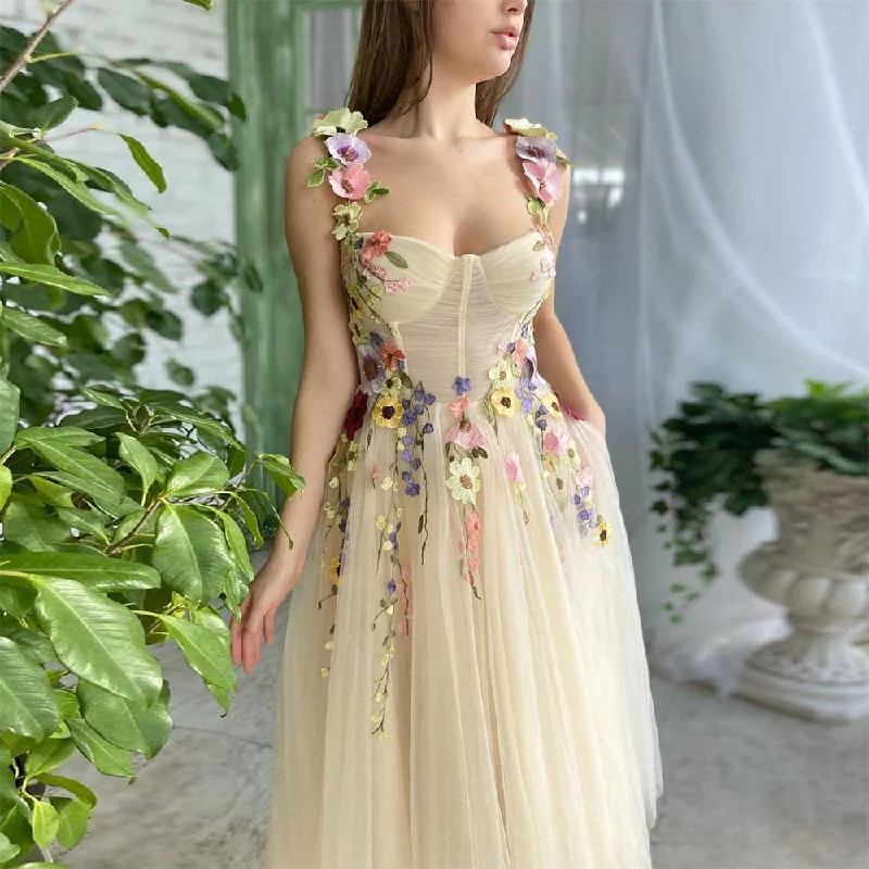 Cinessd  Exquisite Beige 3D Flowers Prom Dresses Sweetheart A-Line Tea-Length Evening Dress Formal Party Dress With Pockets 2024 High-Low Hemline Casual