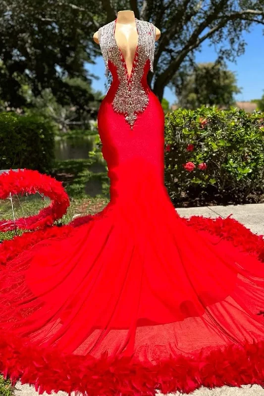 Deep V-neck Mermaid Ruby Feather Silver Beaded Prom Party Dresses Tunics Yoga stretchy