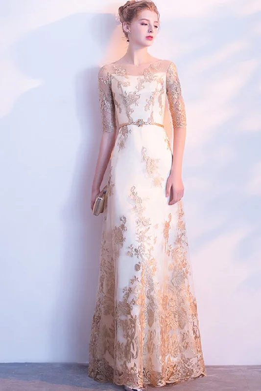 Classy Half Sleeves Long Lace Prom Gowns Party Dress Tunics Lace romantic