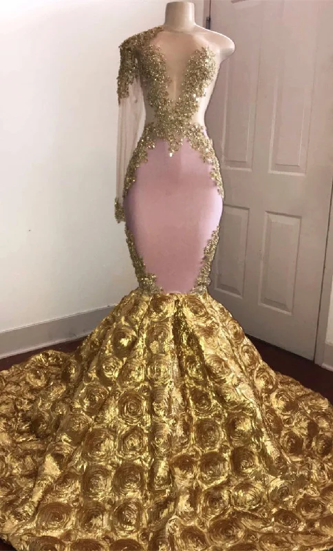 One Sleeve Mermaid Gold Floral Prom Dresses  | Beads Lace Appliques Sexy Prom Gowns bc1386