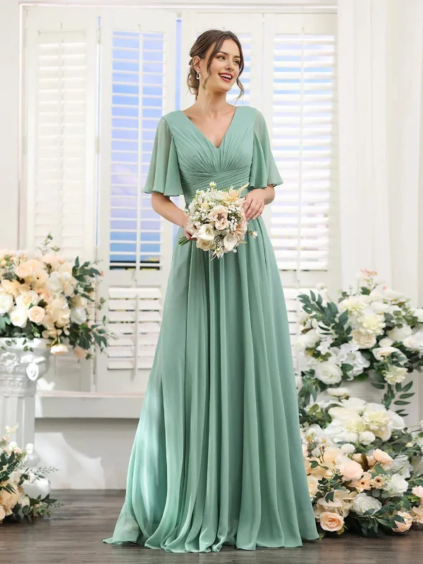 A-shaped V-shaped leader bridesmaid dress, suitable for wedding guests, long chiffon formal slit party dress Tunics Stylish modern