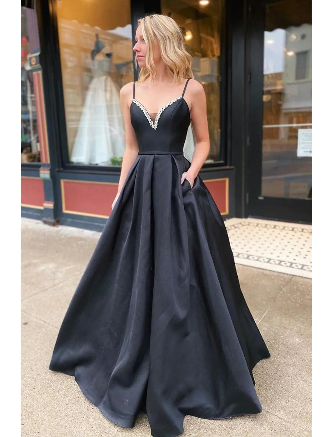 A-Line Prom Dresses Open Back Dress Formal Floor Length Sleeveless V Neck Pocket Stretch Satin Backless with Pleats Beading Pocket A-Line Prom Dresses Open Back Dress Formal Floor Length Sleeveless V Neck Pocket Stretch Satin Backless with Pleats Beading Pocket