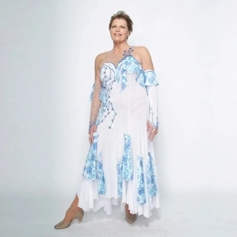 White Ballroom Dress with Blue Accents on Sale-Fine Romance Tunics Distressed trendy White Ballroom Dress with Blue Accents on Sale-Fine Romance Tunics Distressed trendy