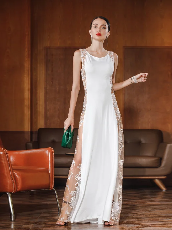 KittenAlarm - Women Sexy Mesh Emborideried Specing Patchwork Evening Party Dress Tunics Fall fleece