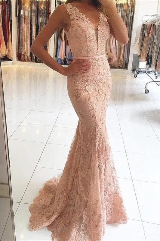 Mermaid Pink Lace Formal Dress  Sexy Long Evening Dresses BA6398