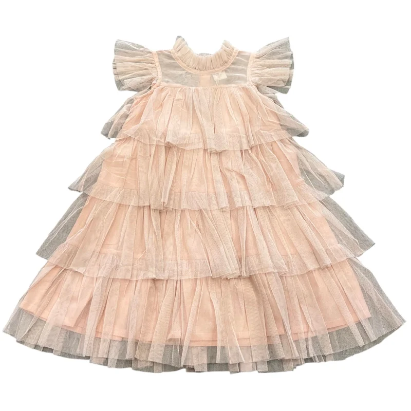 Tulle Solid Color Neck & Sleeve Ruffled Tiered Dress | Blush Pink