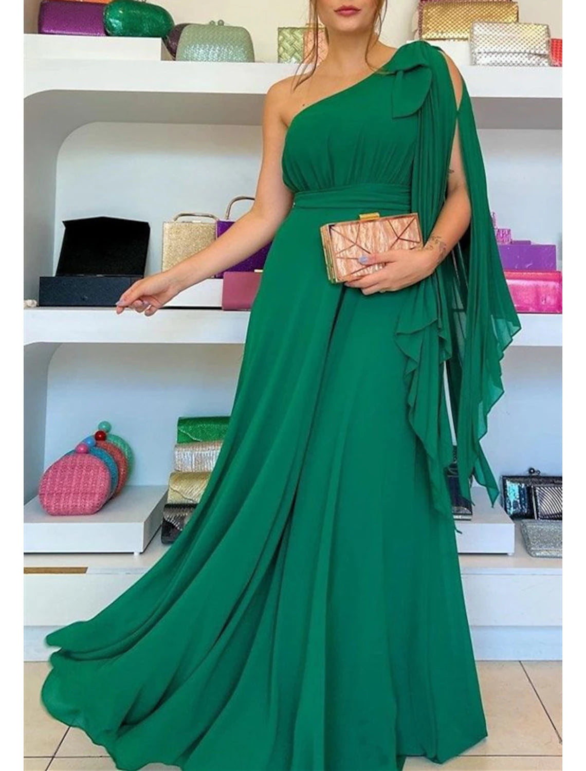 A-Line Evening Gown Party Dress Elegant Dress Formal Wedding Guest Sweep / Brush Train Sleeveless One Shoulder Capes Chiffon with Ruffles Tunics Practical easy-care