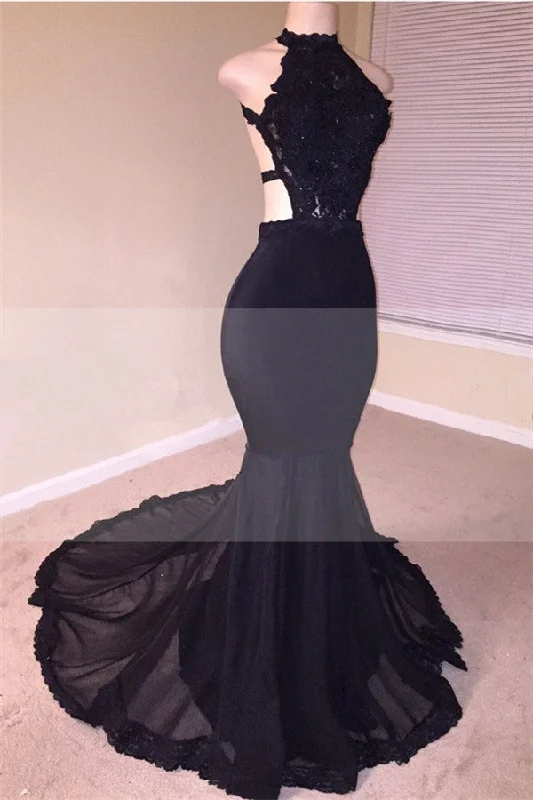 Sexy Black Open Back Lace Prom Dresses |  Sleeveless See Through Tulle Evening Gown