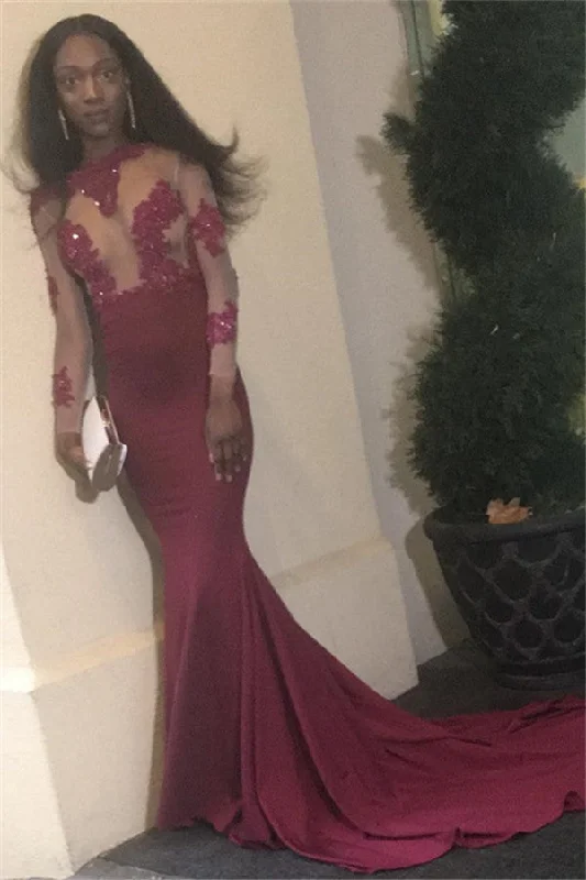 New arrival Long-Sleeves Prom Dress | Open  Back Sheath Appliques Evening dress