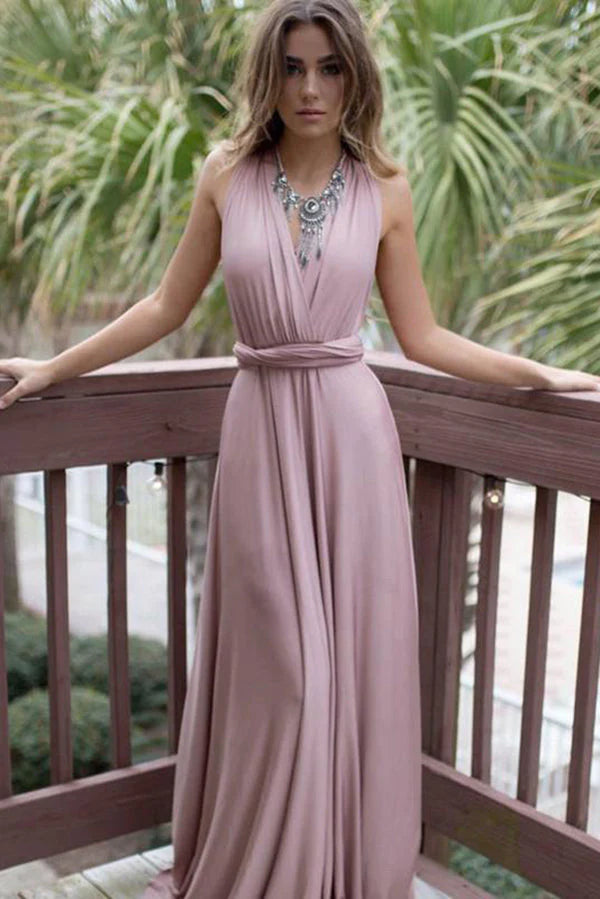 Pink V Neck Sweep Train A Line Backless Party Dresses Bridesmaid Dresses Pleated Skirt Elegant