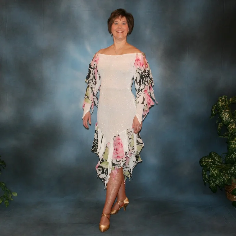 White Converta Ballroom Dress with Pink Rose Print Accents & Hand Beading-Cascades of Roses Tunics Trousers formal