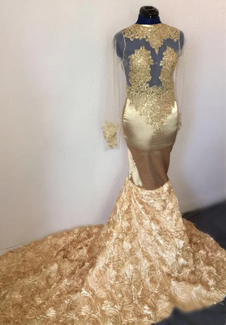 Sexy Gold Mermaid Prom Dresses |  Long Sleeves Apliques Evening Dresses