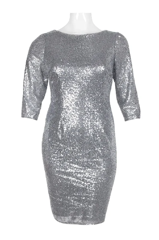 Adrianna Papell Gunmetal Silver Sequin Sheath Dress Size2P Petite