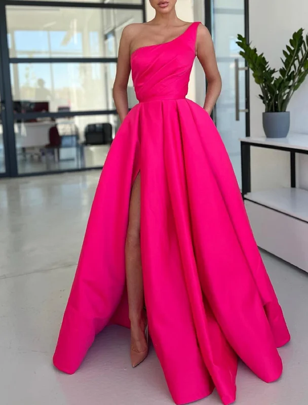 A-Line Prom Dresses Party Dress Formal Wedding Guest Sweep / Brush Train Sleeveless One Shoulder Satin with Ruched Slit Tunics Travel practical