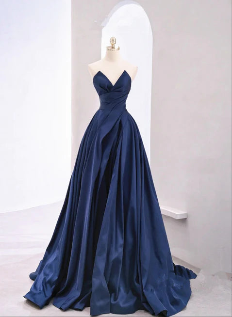 Navy blue sheer off shoulder sleeveless long party dress, navy blue A-line satin off shoulder strap and floor length evening dress Peplum Ruffle Cocktail