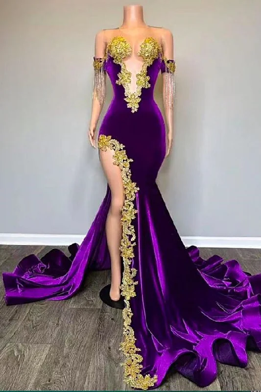 Off the shoulder V-neck Gold Appliques Mermaid Velvert Prom Party Dresses Tunics Occasion special Off the shoulder V-neck Gold Appliques Mermaid Velvert Prom Party Dresses Tunics Occasion special