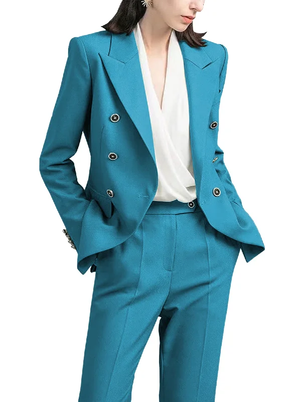Blue 2 Piece Double Breasted Peak Lapel Women's Suit (Blazer+Pants) Chic Slim Fit Pants