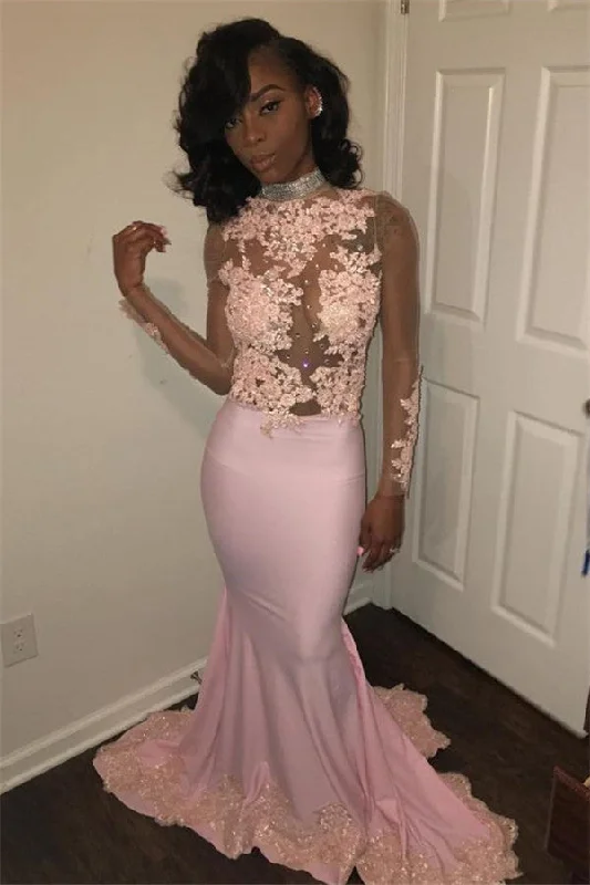 Sexy Mermaid Pink High Neck Prom Dresses Long Sleeves Appliques Evening Gowns with Beadings SK0111 Sexy Mermaid Pink High Neck Prom Dresses Long Sleeves Appliques Evening Gowns with Beadings SK0111