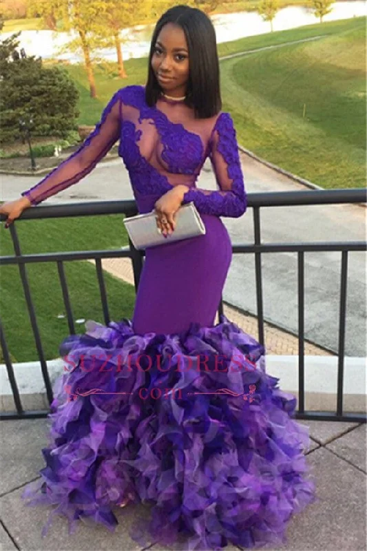 Sexy Mermaid Long Sleeves Ruffles Prom Dresses  Appliques Floor Length Evening Gowns SK0133
