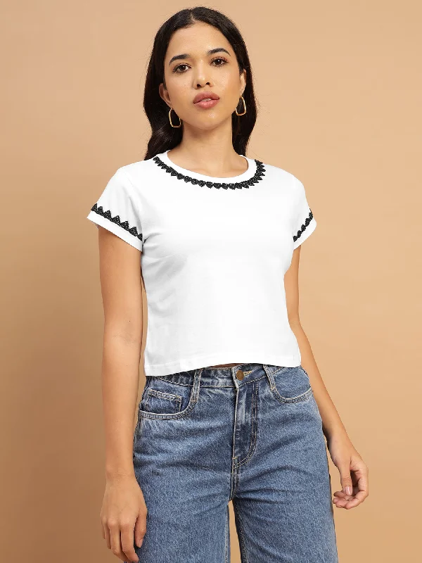 White Crop Top with Monochrome Embellishment-SIRT0010824 Lace Blend Ribbed Blend Corduroy Blend White Crop Top with Monochrome Embellishment-SIRT0010824 Lace Blend Ribbed Blend Corduroy Blend