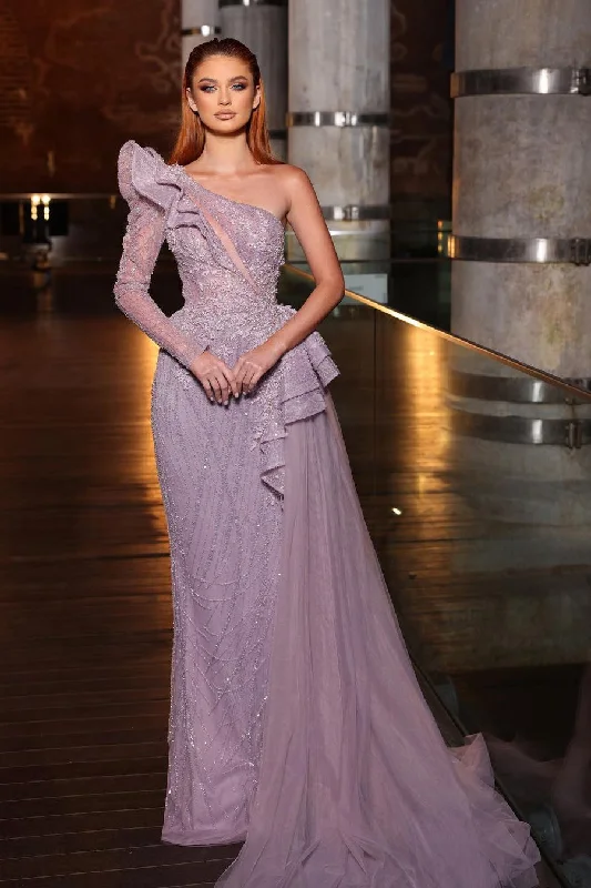 Classy One Shoulder Long Sleeve Sequins Evening Dresses With Ruffles