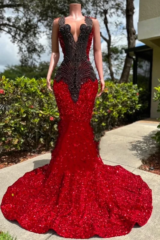 V-neck Burgundy Sequin Prom Party Dresses with Dark Sequins Tunics Print Colorful