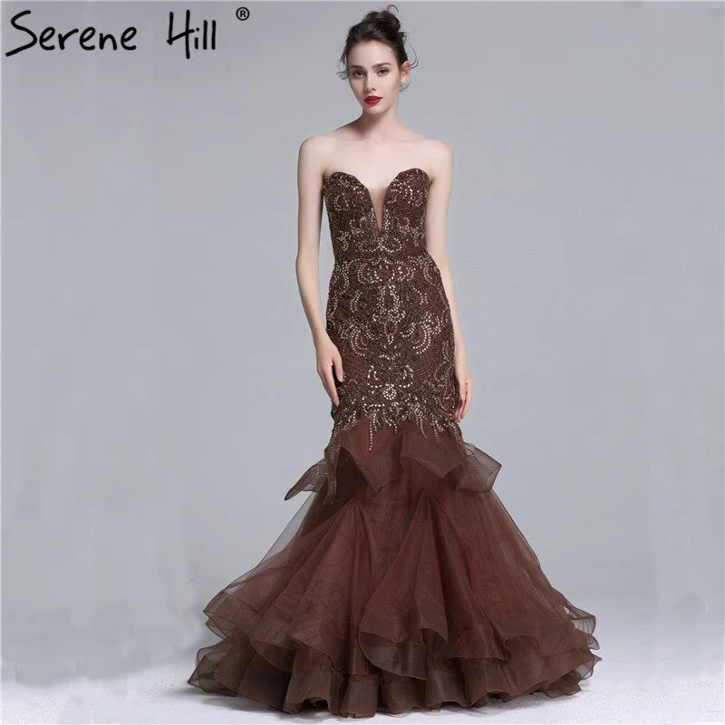 On Sale no return no refundSale Real Photo Long Elegant Evening Dress 2018 Sexy Strapless Beading Mermaid Evening Party Dress New Style LA6102 Tunics Stylish modern