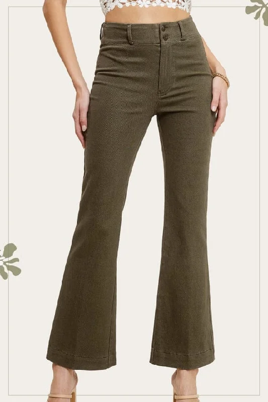 La Miel Soft Washed Stretchy High Waisted Wide Flare Two Button Pants in Fade Olive Soft Wool Pants