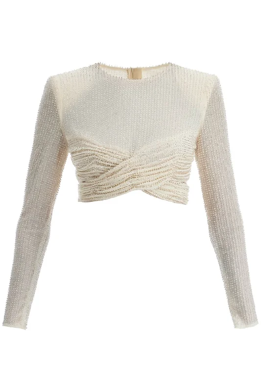 Mesh Crop Top With Beads Embellishments.  - White Ribbed Striped Patterned