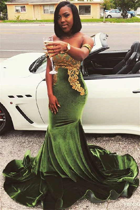 Modest Velvet Off-The-Shoulder Sweep Train Prom Dresses | Appliques Mermaid  Long Evening Gown