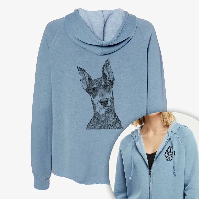 Jenna the Doberman Pinscher - Women's Cali Wave Zip-Up Sweatshirt Hoodie with Hem Fringe Bohemian Relaxed