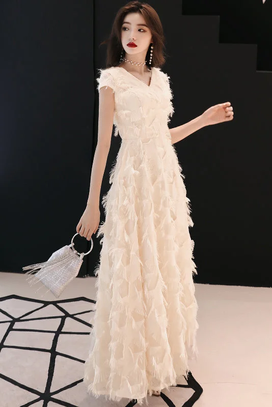 Champagne Short Sleeves Party Dress Long Prom Dress With Featherss Tunics Corduroy durable