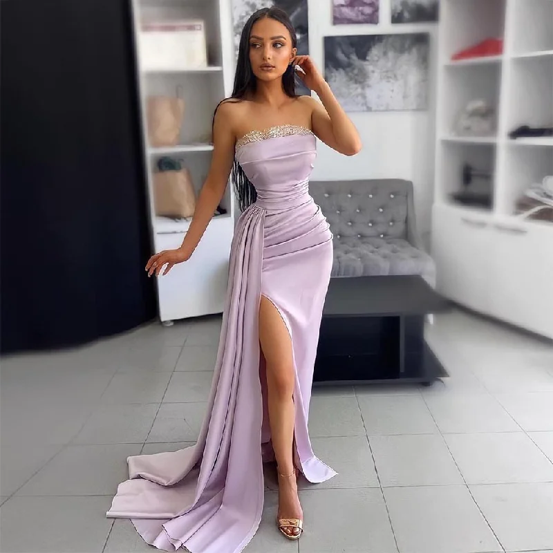 Cinessd  Lavender High Side Split Satin Mermaid Evening Dresses Pleat Ruched Dubai Women Long Prom Gown Formal Party Dress 2022 Satin Halter Glamorous