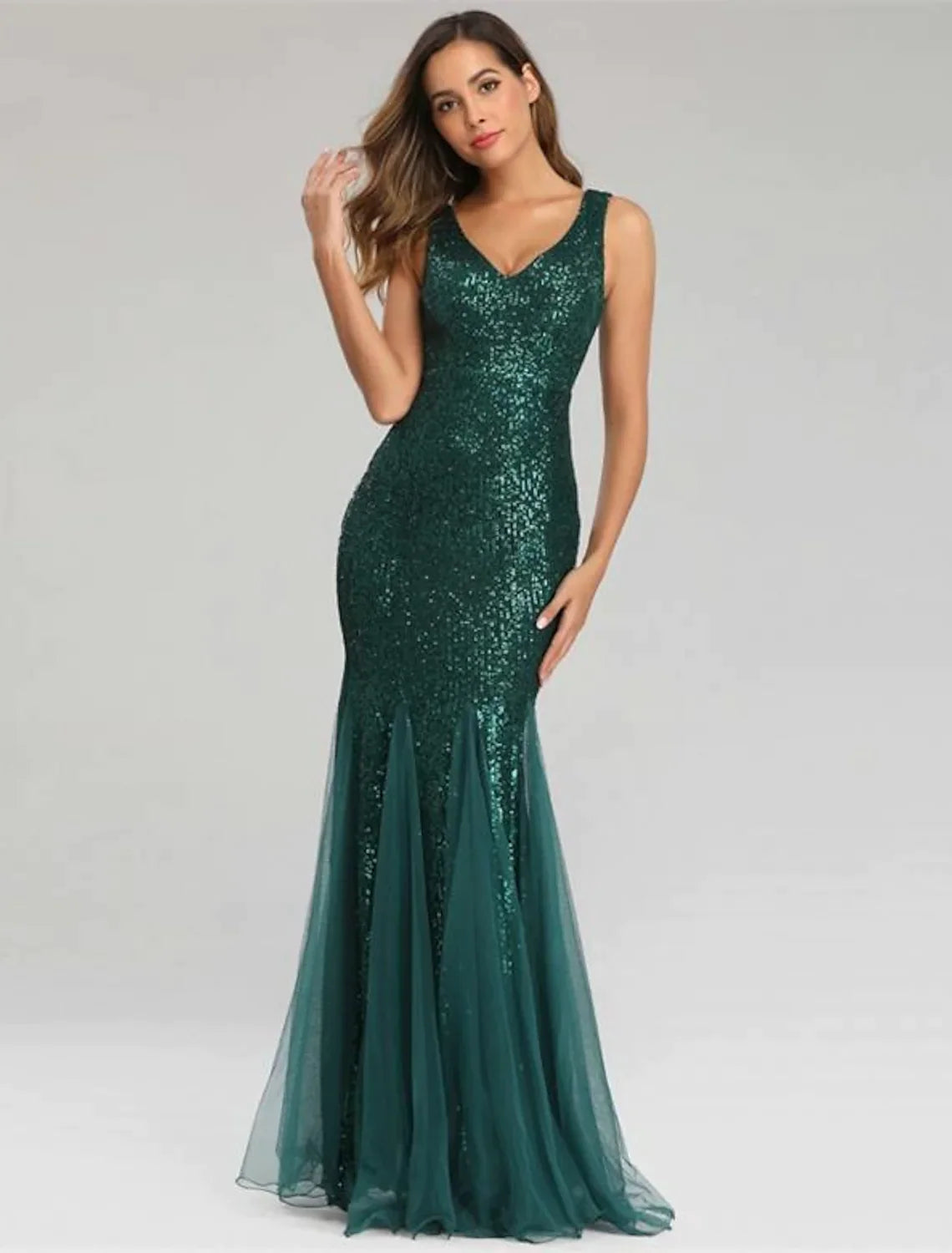 Sparkle Sexy Party Wear Formal Evening Dress V Neck Sleeveless Floor Length Sequined