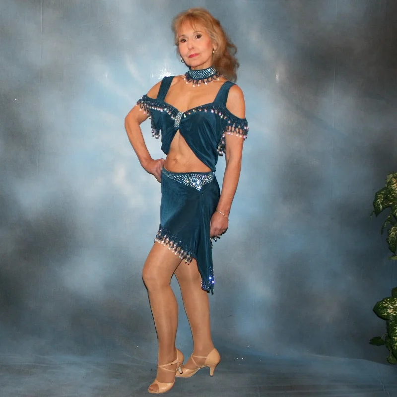 2 Piece Deep Blue Latin-Rhythm Dress with Blue Swarovski Rhinestones & Hand Beading-Bianca Tunics Polka dots 2 Piece Deep Blue Latin-Rhythm Dress with Blue Swarovski Rhinestones & Hand Beading-Bianca Tunics Polka dots