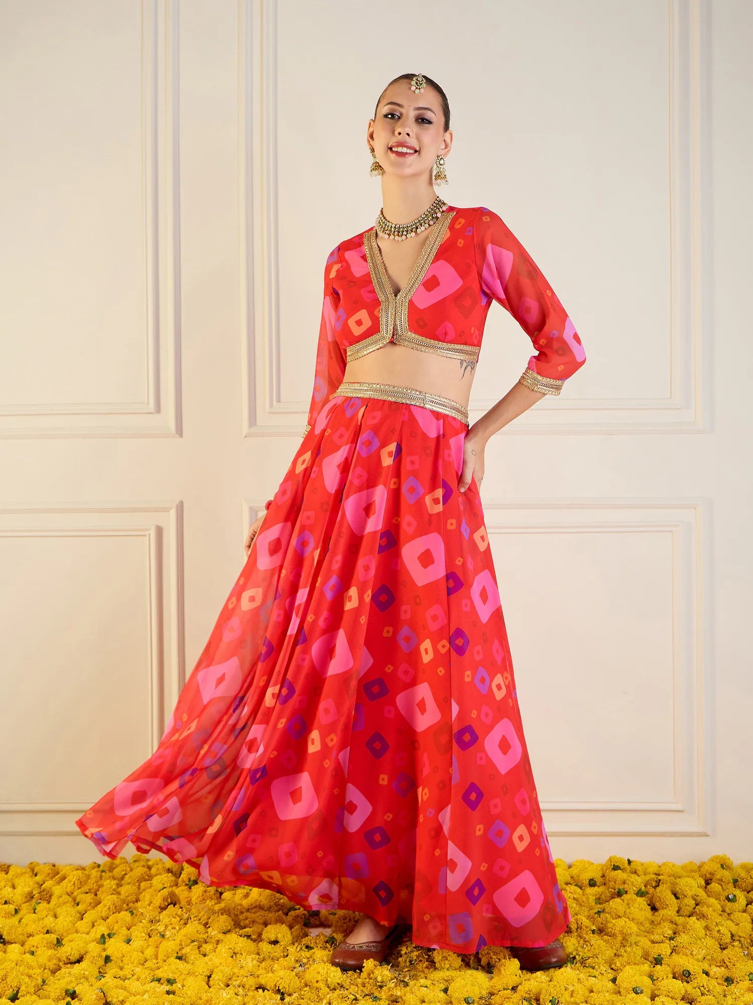 Women Red Bandhej Anarkali Skirt With Crop Top-SHSET95952 Terry Blend Velvet Blend Canvas Blend Women Red Bandhej Anarkali Skirt With Crop Top-SHSET95952 Terry Blend Velvet Blend Canvas Blend