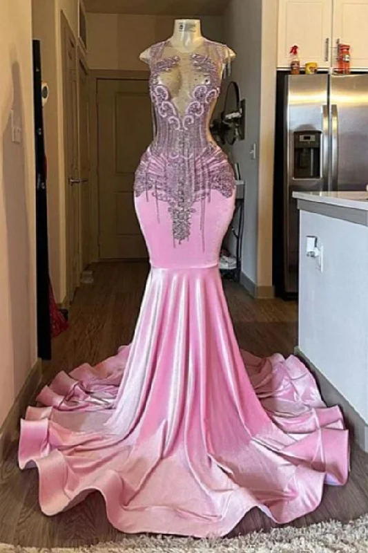 Pink Mermaid Beaded Floor Length Prom Party Dresses Tunics Bridal satin