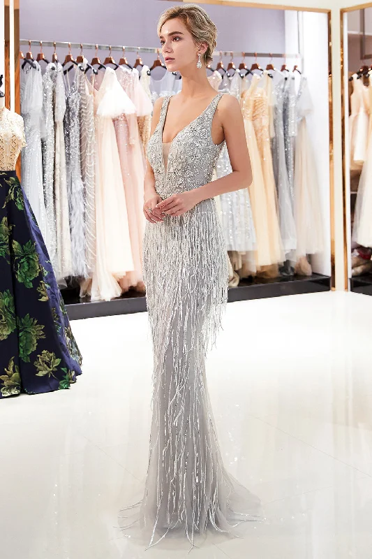 Sexy Silver V-Neck Evening Dresses  | Sequins Sleeveless Sheath Long Formal Gowns