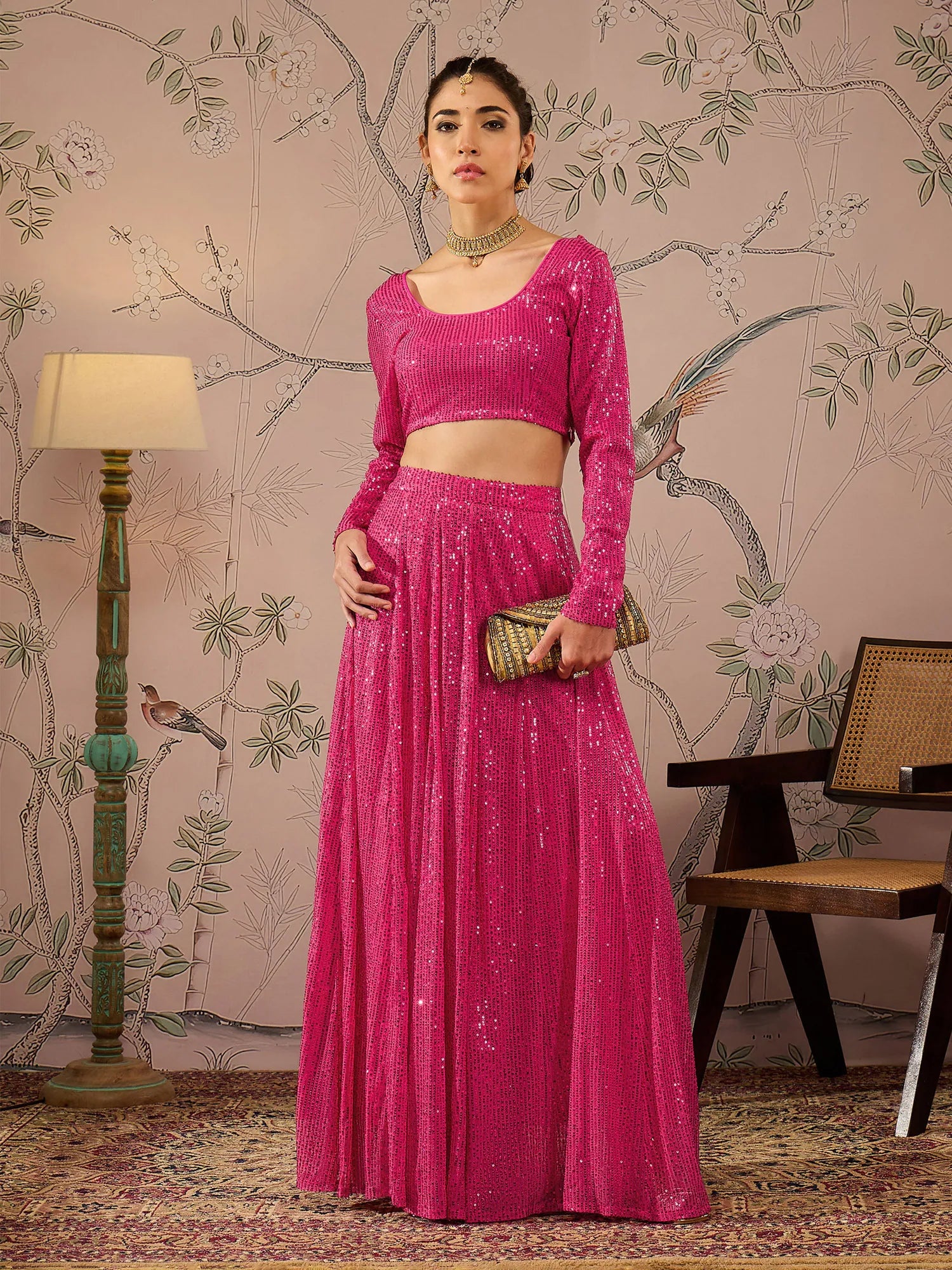 Women Fuchsia Sequins Crop Top With Anarkali Skirt-SHSET96083 Rayon Fabric Velvet Fabric Corduroy Fabric Women Fuchsia Sequins Crop Top With Anarkali Skirt-SHSET96083 Rayon Fabric Velvet Fabric Corduroy Fabric
