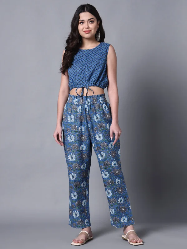 Women's Blue Print Casual Crop Top And Pant Fusion Set - Deckedup Ribbed Crop Top High Neck Heavyweight Women's Blue Print Casual Crop Top And Pant Fusion Set - Deckedup Ribbed Crop Top High Neck Heavyweight