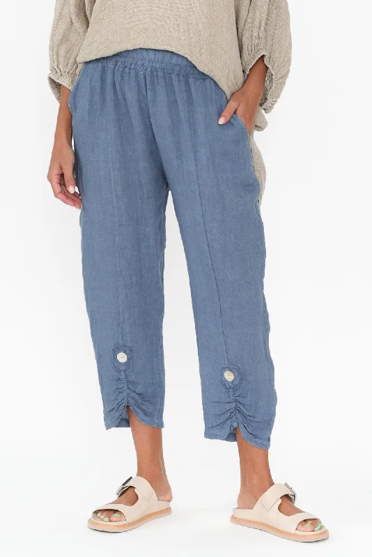 Isolara Blue Linen Gathered Pants Soft Stretch Leggings