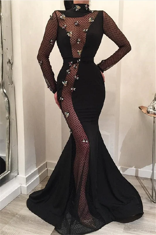 Sexy Floor-Length Long Sleeves High-Neck Prom Dresses | Mermaid Appliques Black  Evening Dresses