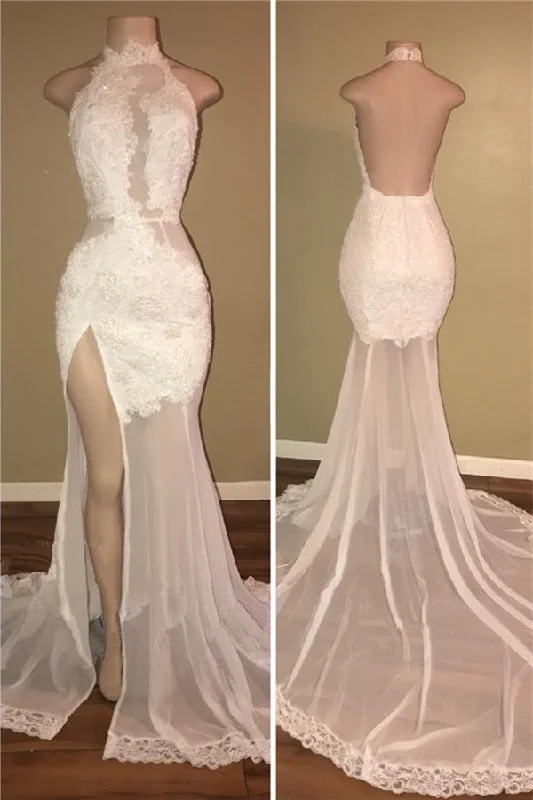 High Neck Sexy Side Slit Lace Prom Dresses Backless Sheer Tulle  Evening Gown BA8228