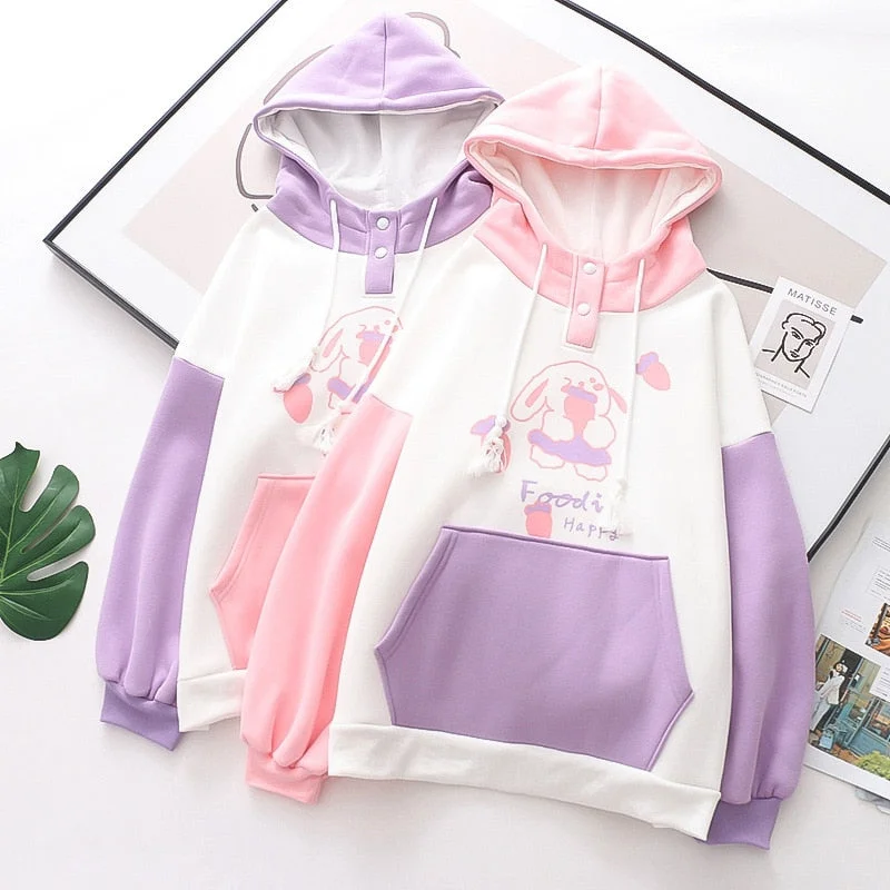 Foodie Bunny Hoodie Hoodie with Hem Embroidery Detailed Premium