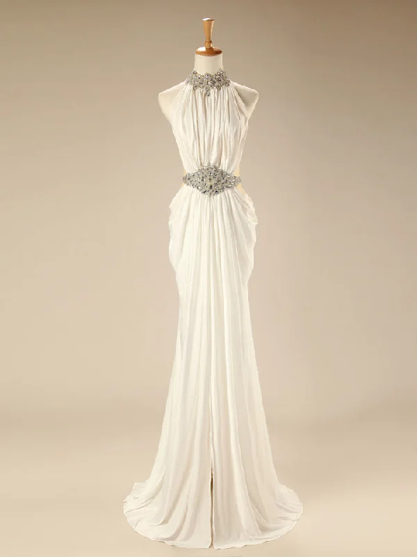 White High Collar Sexy Evening Dresses Crystal Chiffon Zipper  Long Gown  CJ0188
