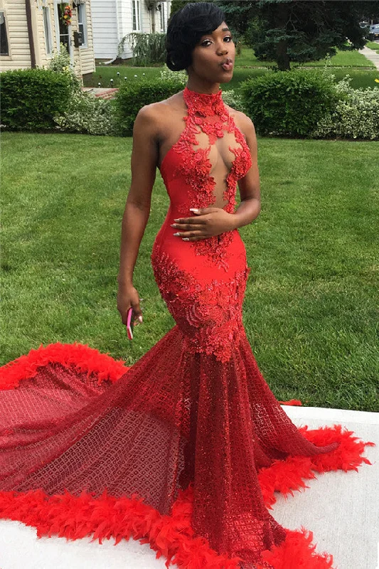 Halter Sheer Tulle Sexy Prom Dress with Feather | Open Back Mermaid Appliques Prom Dresses  bc1364